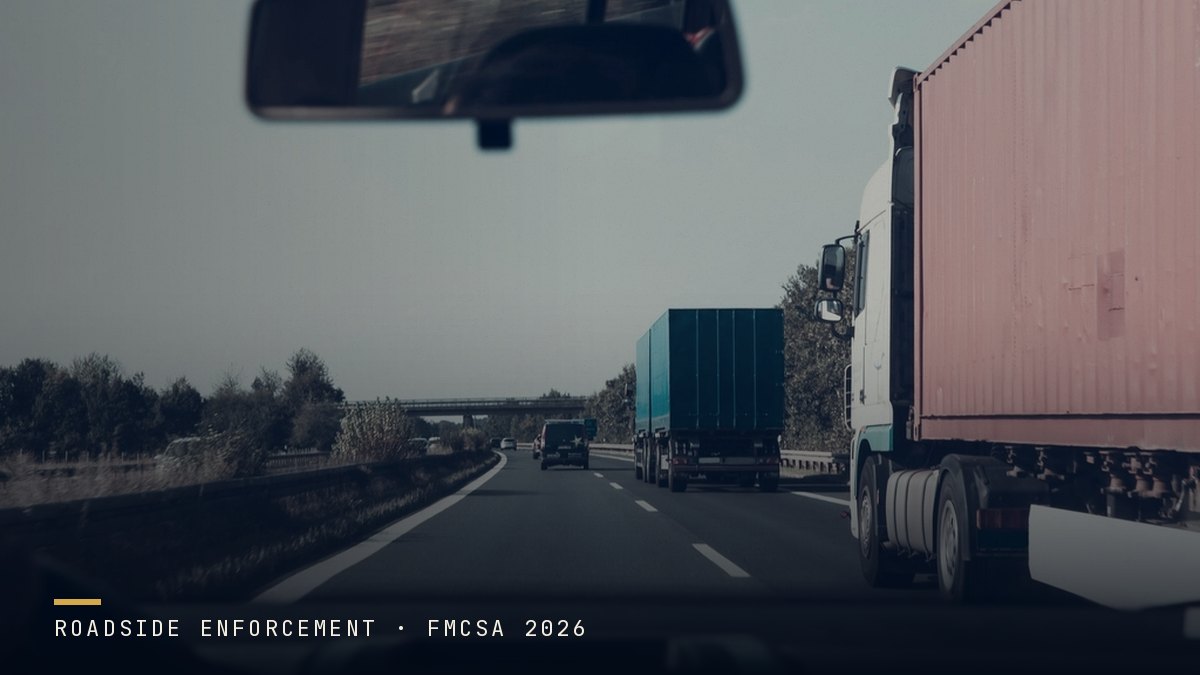 Driver point-of-view on a Northeast highway illustrating the 2026 English language proficiency roadside ELP check