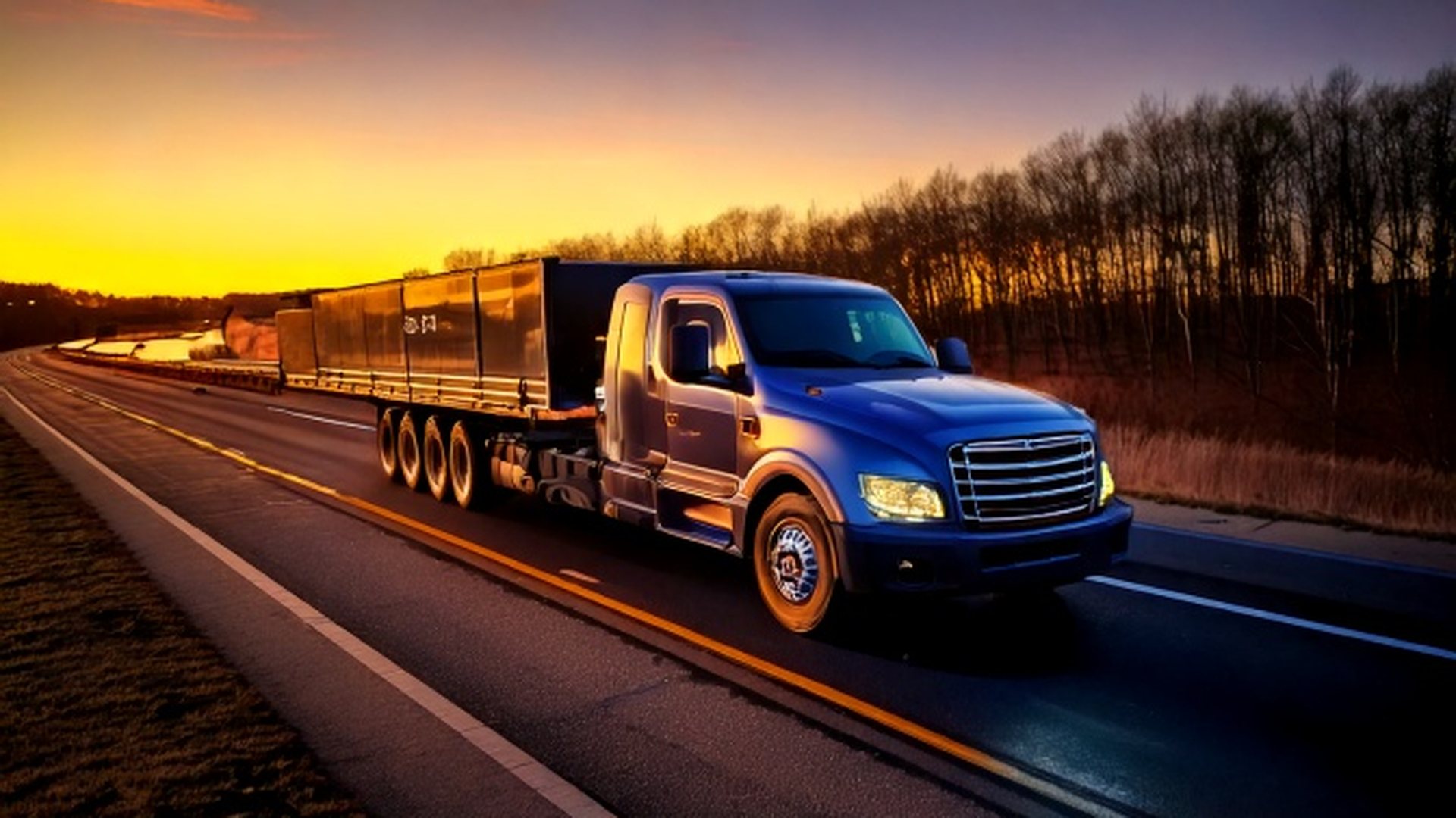 Pickup F-450 dually + gooseneck flatbed en NJ Turnpike al atardecer, configuración estándar hot shot 2026